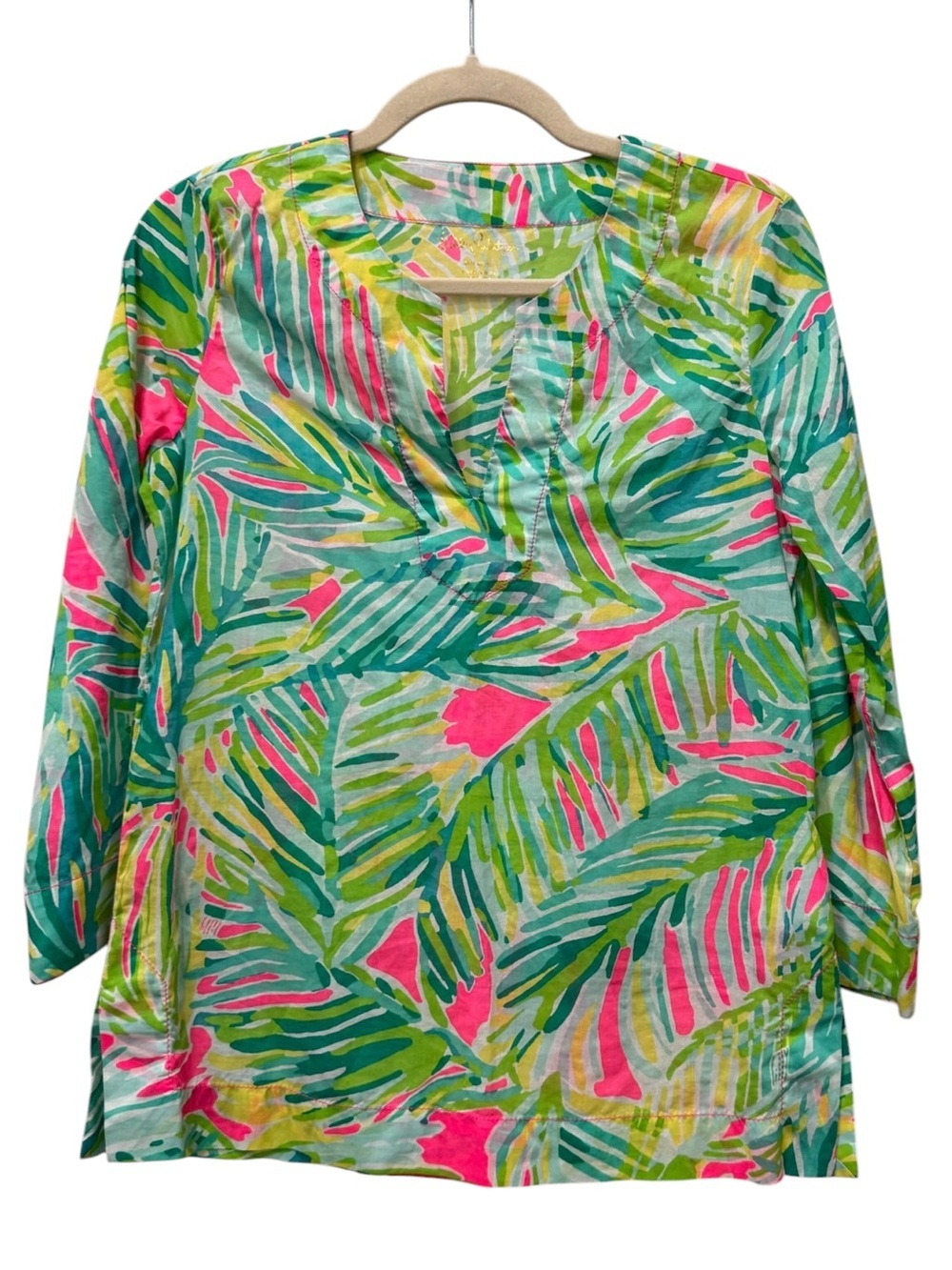 Lilly Pulitzer Amelia Island pink green Cotton Tunic Top Tropical Storm Print XS - Picture 2 of 9